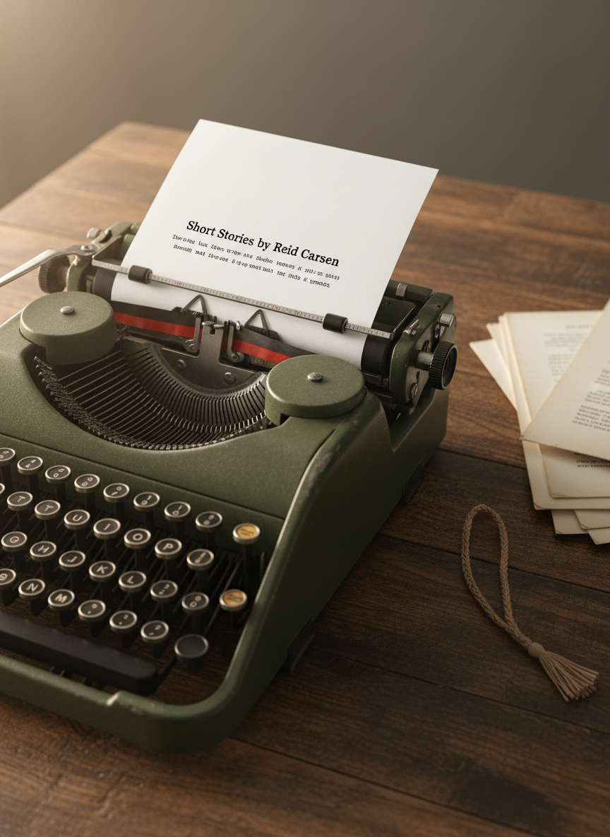 A close-up of a vintage-style typewriter with dark, matte keys and a sheet of crisp white paper threaded into the carriage, the top line reading “Short Stories by Reid Carsen” in classic typeface. The typewriter sits on a textured, dark wood table scattered with a few neatly stacked pages and a slim, sand-colored bookmark. Soft morning light enters from the left, creating gentle highlights on the metal edges and casting subtle, elongated shadows across the tabletop. Photographic realism, shot from a three-quarter angle with shallow depth of field, evokes a focused, literary atmosphere perfect for a short story collection page.